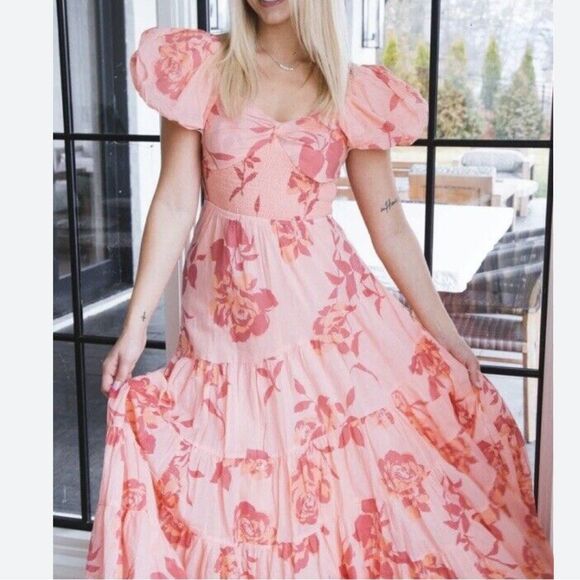 NWT Free People Sundrenched Short Sleeve Maxi Dress in pink combo cotton M - Picture 4 of 14